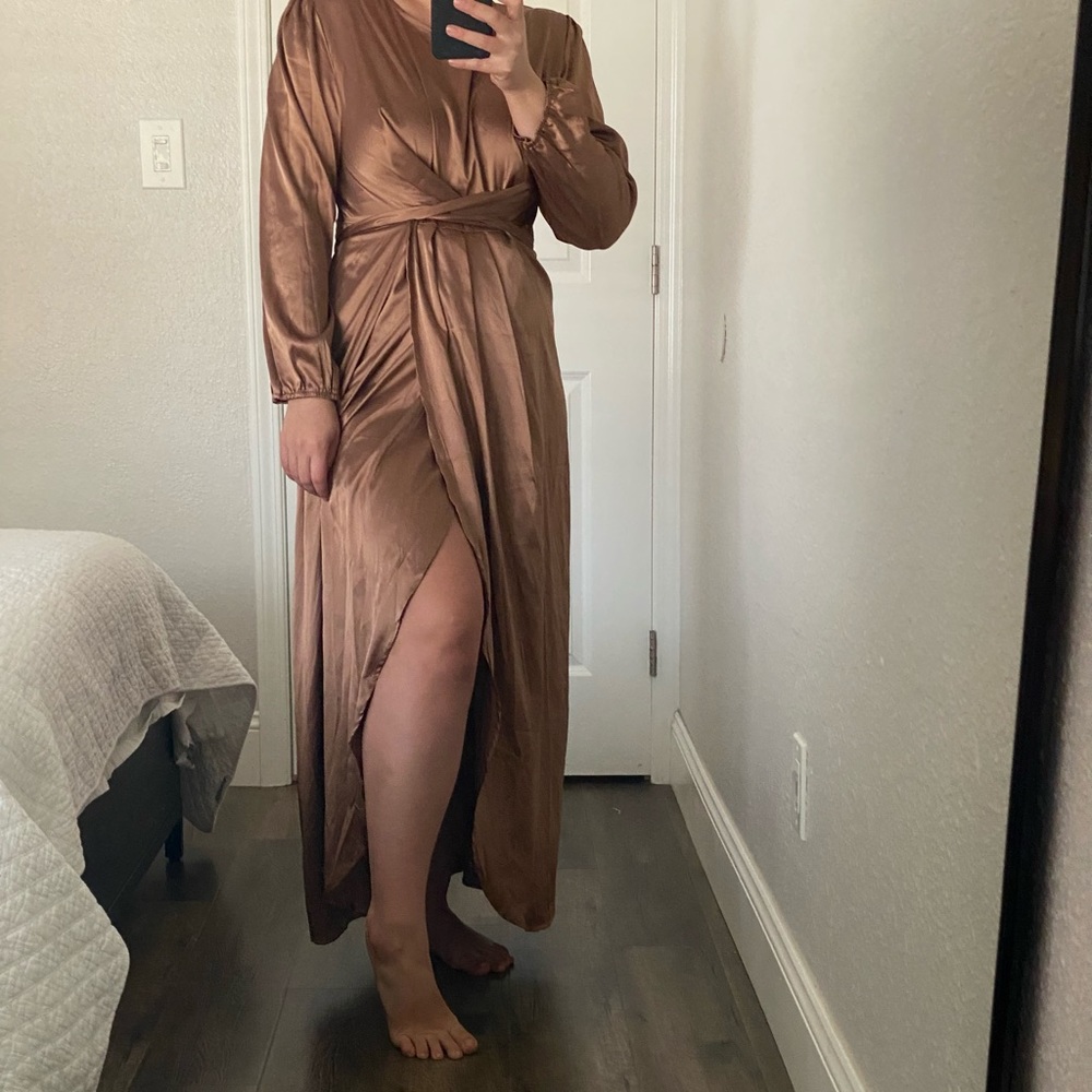 Satin Wrap Maxi Dress With Puff Sleeves